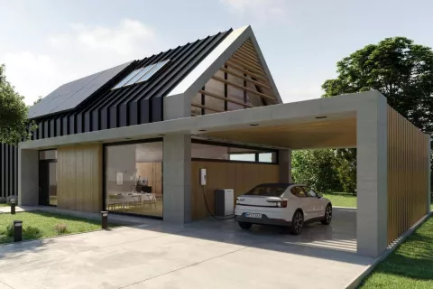 Ein autarkes Haus mit Carport, E-Auto und Wallbox.